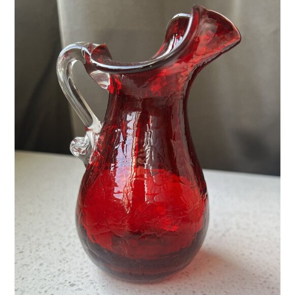 Blown Glass Red Vase Pitcher 5” Applied Clear Handle Crackle Glass Flute… - Picture 2 of 10